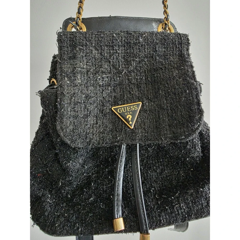 Guess Cessily‎ Black Boucle Tweed Mini Backpack Gold Chain Logo Drawstring Bag